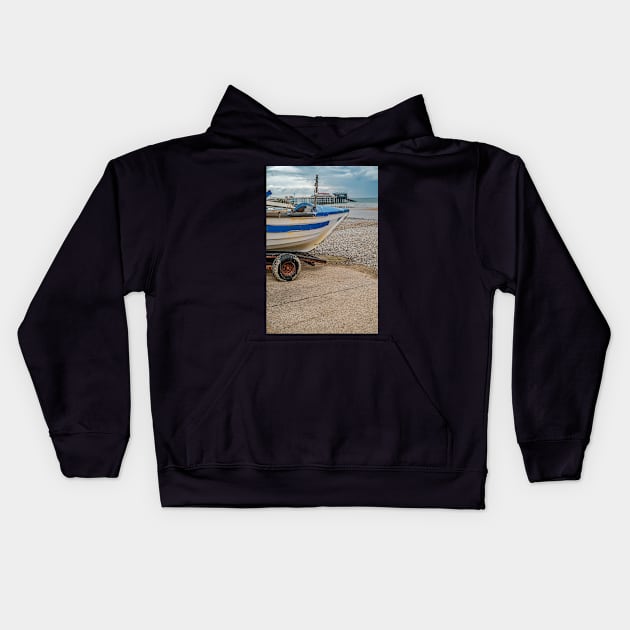 Crab fishing boat on Cromer beach, Norfolk Kids Hoodie by yackers1